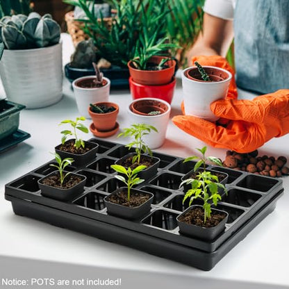 RooTrimmer 24 Cell Nursery Pots Trays (17"x11"x2") with Plastic Flat Seed Starter Trays, Durable Carrying Seedling Starter Tray, Reusable Planting Tray for Holding 2.7 inch Nursery Pots, 3 Sets Combo - color: Black, size: Pot Trays + Flat Trays-3P