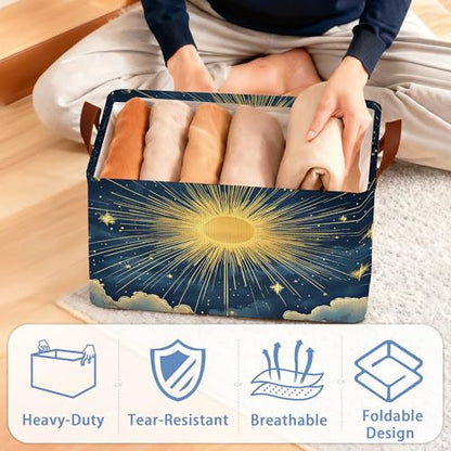 Sun Stars Storage Basket with Handles,Collapsible Rectangle Organizer Bin for Room Decoration Books Box Baskets 17x11.5x10Inch
