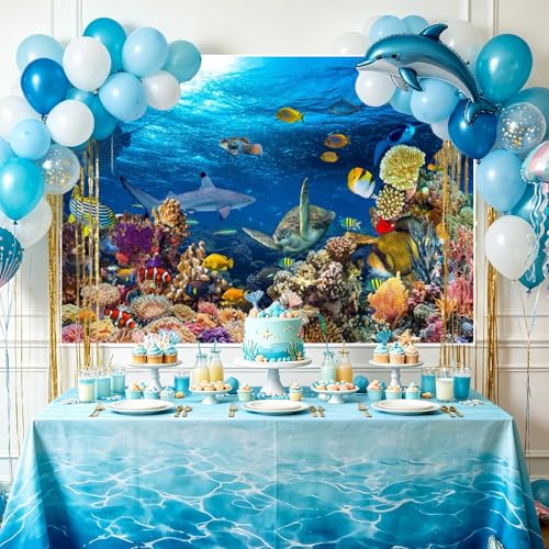 Yeele 10x7ft Deep Sea Animal Backdrop Underwater Ocean Animals Tropical Fishes Turtle Coral Reef Background Under The Sea Mermaid Birthday Party Decor Aquarium Photo Background
