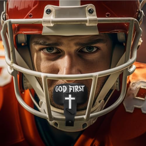 Outus 2 Pack Faith Cross Football Mouth Guard God First Philippians 4: 13 Youth Mouthguard Sports Lip Guard with Connected Strap Fits Adult & Youth for Football Lacrosse MMA Boxing Brace