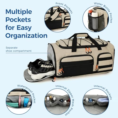 Searock 45L Gym Bag for Men, 3-In-1 Duffle Bag Backpack for Travel - color: Khaki