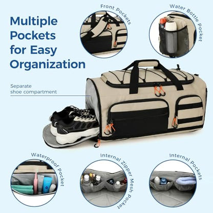 Searock 45L Gym Bag for Men, 3-In-1 Duffle Bag Backpack for Travel - color: Khaki