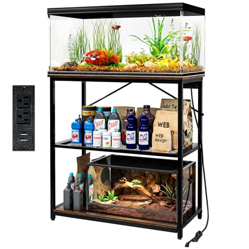 TC-HOMENY Fish Tank Stand 10/20/29/37 Gallon, Aquarium Stand with Charging Station,1000LB Capacity ,31" L x 16" W Metal Reptile Tank Stand, Double Storage Design Adjustable Boards, Brown(Tank not Included)