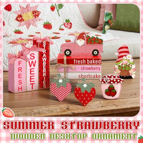 11 Pcs Strawberry Table Decorations Set Strawberry Tiered Tray Decor Spring Summer Wooden Top Farmhouse Rustic Wooden Coffee Table Centerpieces for Home Kitchen Office Decorations - style: Strawberry