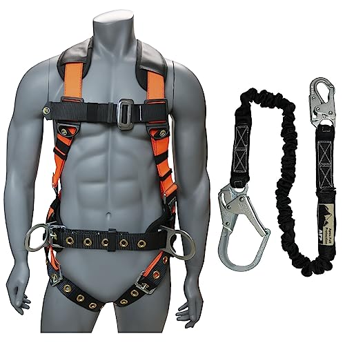 AFP Demon Comfortable Fall Protection Harness Kit – OSHA/ANSI PPE Full Body Safety Harness for Construction Work - size: Large-Extra Large, style: Harness + Single Leg Rebar Hook