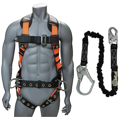 AFP Demon Comfortable Fall Protection Harness Kit – OSHA/ANSI PPE Full Body Safety Harness for Construction Work - size: Large-Extra Large, style: Harness + Single Leg Rebar Hook
