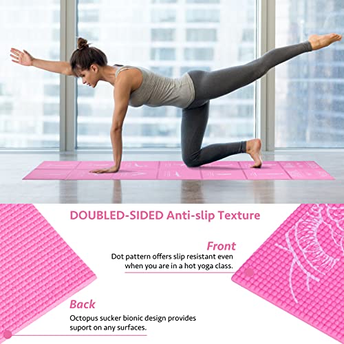 Foldable Yoga Mat for Women, Non Slip Exercise Mat for Home Gym, 5mm Travel Yoga Mats Set With Stretch Strap for Yoga Pilates and Fitness, 68"L x 24"W x 0.2 Inch Thick - color: Pink