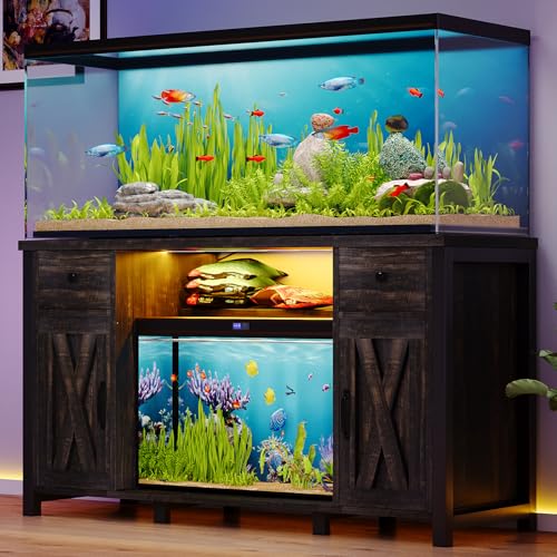 55-75 Gallon Fish Tank Stand with Power Outlet & LED Lights, Heavy Duty Aquarium Stand with Storage Drawers & Barn Doors, Reptile Tank Cabinet for Turtle, Reptile Terrarium, Dark Oak