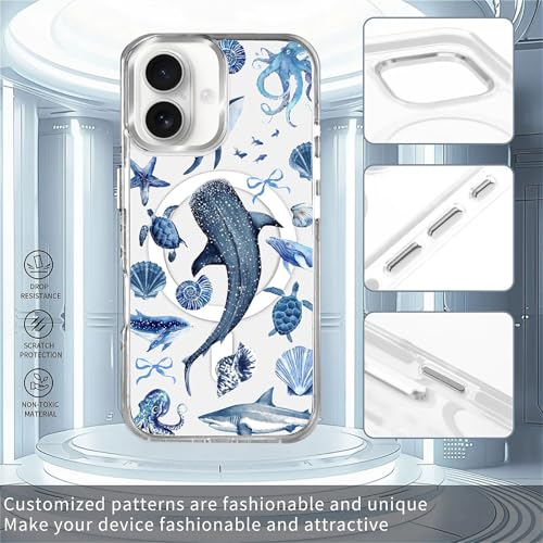 for iPhone 16 Case,Compatible with MagSafe,The Transparent TPU Silicone Protects The Phone Case from Drops, Slips and Fingerprints.Blue Ocean Whale Shark Octopus Turtle Collage