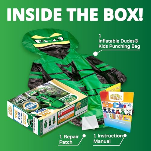 INFLATABLE DUDES Kids Punching Bag- Bop Bag | Sand-Base - color: Green Archer Standard Ninja | Pre-filled with Sand, size: 47"