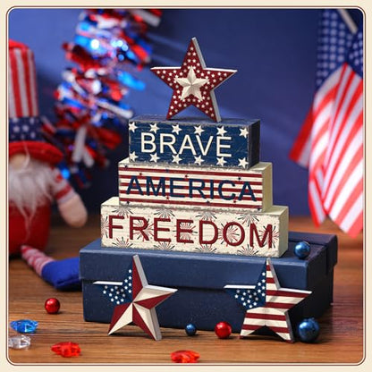 6 Pieces 4th of July Table Decorations Patriotic Wooden Block Signs Patriotic Centerpieces Freedom Brave Red White Blue Tiered Tray Decor for Home 250th Anniversary - style: Star