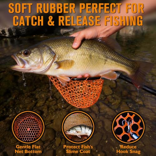 Rubber Fishing Landing Nets Telescopic Handle Nets Folding Nets with Collapsible Handle for Catch & Release Fishing Gift 17.6" dia-13.7" Depth Black/Orange