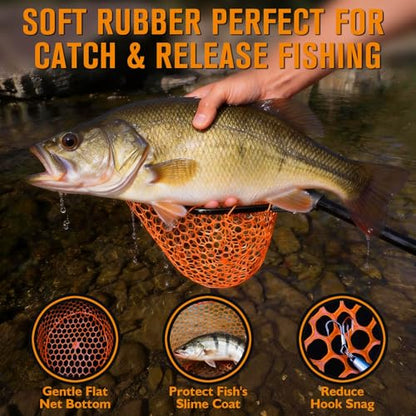 Rubber Fishing Landing Nets Telescopic Handle Nets Folding Nets with Collapsible Handle for Catch & Release Fishing Gift 17.6" dia-13.7" Depth Black/Orange
