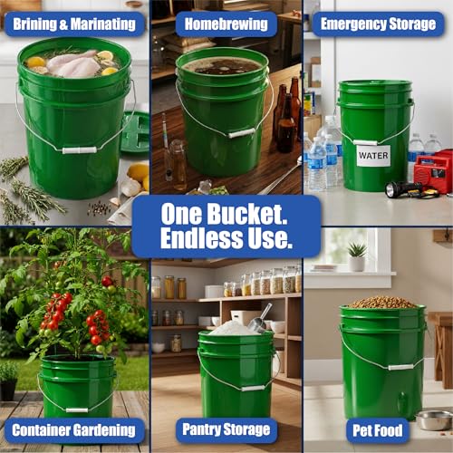 5 Gallon Bucket - Food Grade Bucket, Metal Handle Grip, BPA-Free, Heavy-Duty 90 Mil HDPE Plastic Pail, Stackable Utility Container, Made in USA, Lid Not Included, Green, 1 Pack - color: Green, size: 1 Pack