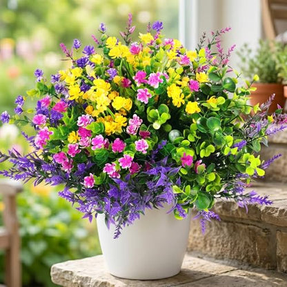 Hananona 12 Pcs Artificial Flowers Outdoor, Faux Artificial Plants UV Resistant Plastic Flower Bulk for Hanging Planter Porch Window Home Wedding Fall Summer Decor (12, Fuchsia, Purple, Yellow, Green)