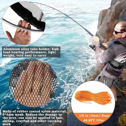 Foldable Bridge and Pier Fishing Landing Net - High Load-Bearing Aluminum Ring Drop Net for Saltwater Freshwater - Collapsible Basket With 49.2 FT Rope