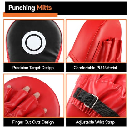 Boxing Equipment Set with Boxing Gloves, Punching Mitts, Boxing Reaction Ball, Hand Guards, Adjustable Headband, Flame Design Young Athlete Boxing Gloves for Boxing, MMA, Martial Arts Training
