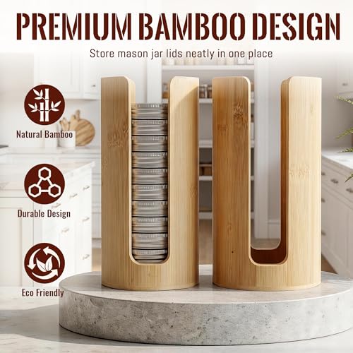 Mason Jar Lid Organizer 2 Pack Bamboo Lid Storage Holder for Regular and Wide Mouth Canning Lids Stackable Kitchen Pantry Organizer