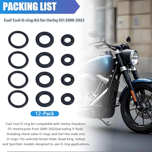 12-Piece Fuel Tool O-Ring Kit, Compatible with Harley-Davidson EFI Models 2000-2022, 4-Pack Replacement Seals for Check Valve and Male Fuel Line, Fits Street Glide, Road King, Softail