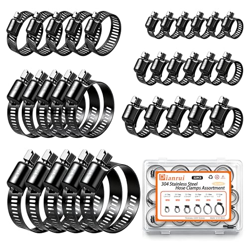 Dianrui 32 PCS Black Hose Clamps Assortment Kit 1/4"–2" (6-51mm) Hose Clamps Stainless Steel 304 Worm Gear Fuel Line Hose Clamp for pipe, Fuel Line, Plumbing, Intercooler, Tube, Automotive and Marine - color: Black, size: 1/4"–2" 32PCS Kit