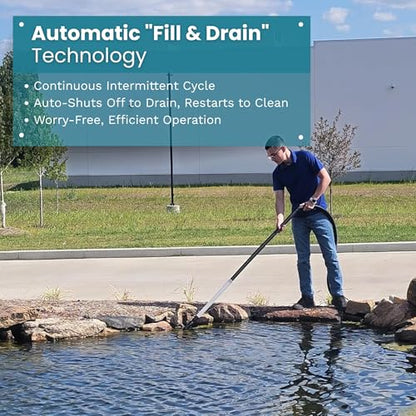 CleanSweep 1400 Pond Vacuum with a 13' Intake Suction Hose, 4 Extension Tubes, 3 Vacuum Nozzles, a 6.5 Foot Output Hose, and a Debris Collection Bag | 13 ft intake hose, 6.5 ft output hose, 4 extension tubes, 3 nozzles, Debris collection bag