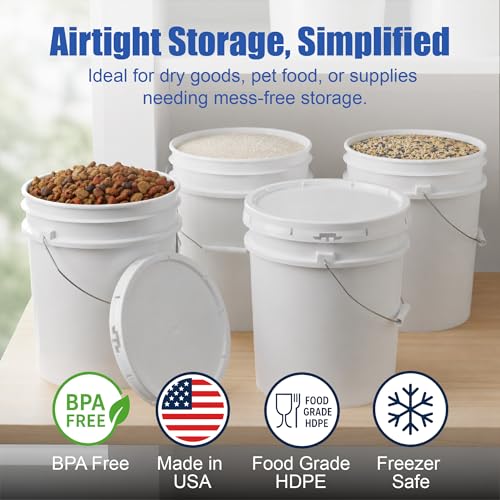 5 Gallon Bucket - Food Grade Bucket with Airtight Gasketed Tear Strip Lid, BPA-Free, Heavy-Duty 90 Mil HDPE Plastic Pail, Bulk Storage, Durable Container, Made in USA - White, 1 Pack - color: White, size: 1 Pack