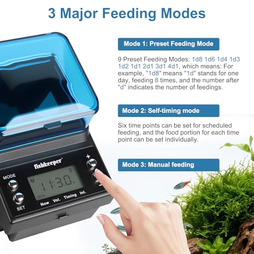 fishkeeper Automatic Fish Feeder Rechargeable, 3 Feeding Modes USB Aquarium Auto Dispenser for Pellets Flakes Powder, with Lithium Battery LCD Screen for Vacation Betta Turtle - Memory Function