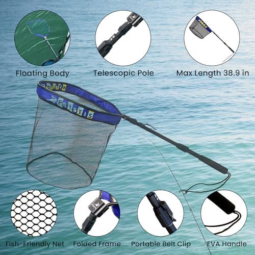 Floating Lightweight Fishing Net with Telescopic Pole Handle, 20'' Deep Net, Rubber Coat Landing Net Freshwater Saltwater, 39'' Foldable Extendable Dip, Boat Kayak for Catch Release