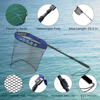 Floating Lightweight Fishing Net with Telescopic Pole Handle, 20'' Deep Net, Rubber Coat Landing Net Freshwater Saltwater, 39'' Foldable Extendable Dip, Boat Kayak for Catch Release