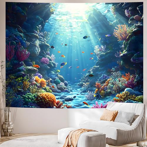 AOHMPT Underwater World Tapestry - Blue Ocean and Aquarium Tropical Fish Wall Decoration - Deep Sea Fish Wall Hanging for Bedroom, Dorm Room and Living Room 79" L x 59" W