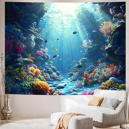 AOHMPT Underwater World Tapestry - Blue Ocean and Aquarium Tropical Fish Wall Decoration - Deep Sea Fish Wall Hanging for Bedroom, Dorm Room and Living Room 79" L x 59" W