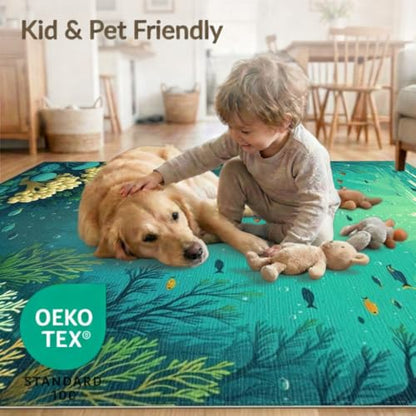 9'x12' Washable Modern Bubble Oversized Rug, Green Non-Shedding Pet Friendly Carpet for Master Suite, California King, Under Bed, Foldable Easy Care Mat | Ref:1910519