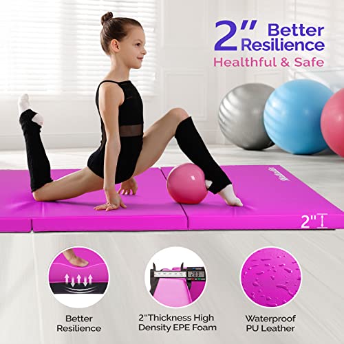 Matladin 6' Folding Tri-fold Gymnastics Gym Exercise Aerobics Mat, 6ft x 2ft x 2in PU Leather Tumbling Mats with Hook & Loop Fastener for Stretching Yoga Cheerleading Martial Arts - color: Purple-2 Pack