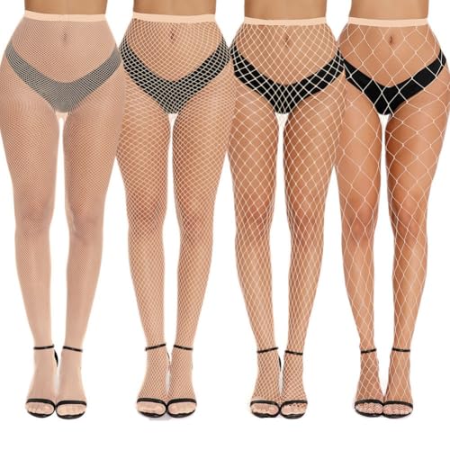 Women's 4 Pairs Fishnet Tights Set 4 Mesh Sizes High Waist Stretchy Nylon Stockings - color: Skin