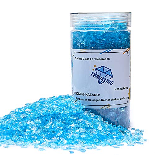 TWINKLING High Luster Fire Glass Gravel Stone Glitter,Broken Glass,Fire Gems Chips,Crushed Glass for Fire Pit Crafts Resin Art Aquarium Garden Decoration,3-6mm,1-Pound Jar (Ocean Blue) - color: Ocean Blue