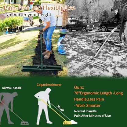 Lawn Leveling Rake Heavy Duty Stainless Steel Lawn Leveling Tool 30”x10” with 78” Adjustable Long Handle Leveling Rake for Soil,Ground,Backyard,Golf Field,Garden Tools Grass Seed Landscaping - style: 30"x10" Medium