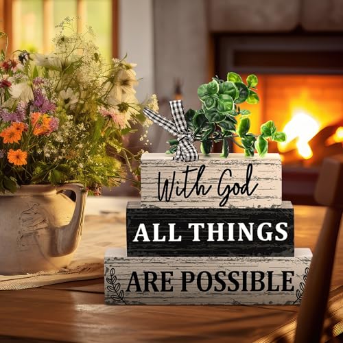 4 Pcs Farmhouse Wooden Tabletop Decor Christian Tiered Tray Decor Eucalyptus Leaves Wooden Block Sign Gift Summer Home Centerpiece Table Decoration - style: Christian