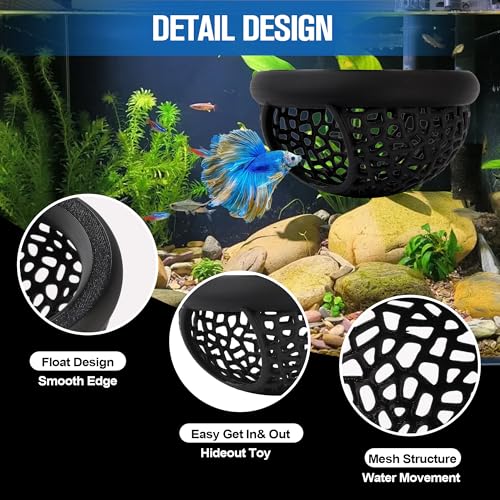 Black Floating Betta Hide & Shrimp Cave Aquarium Hammock, Feeding Ring & Resting Spot for Betta Fish, Shrimp & Small Fish (S) - Plastic Material - color: Black, size: Small