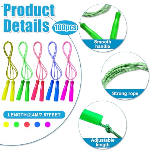 Honoson 100 Pcs Jump Ropes Bulk for Kids 7.8ft Adjustable,Multicolor - color: Multicolor
