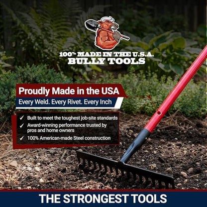 7-Gauge 16-Tine Stone Rake | Heavy Duty Garden Rake for Spreading Gravel Stones and Mulch | 66" Fiberglass Long Handle Lawn Rake for Soil Leveling and Smoothing, Yard Rake 100% Made in USA