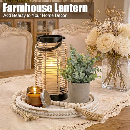 Novabright 6 Pcs Rustic Bobo Farmhouse Lantern Decor Set Candle Lanterns Decorative Indoor with Wooden Tray Bead Aromatherapy Candle Faux Plant Rustic Decor for Living Room Mantel Housewarming Gift - style: Rustic Bobo
