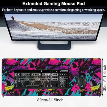 Abstract Grunge Elements Desk Mat,Large Neon Color Patterns Gaming Keyboard Mouse Pad,Non-Slip Rubber Base Desk Pad Thick Stitched Edges Waterproof Mousepad Mouse Mat 31.5"x11.8" - color: Abstract Grunge Elements