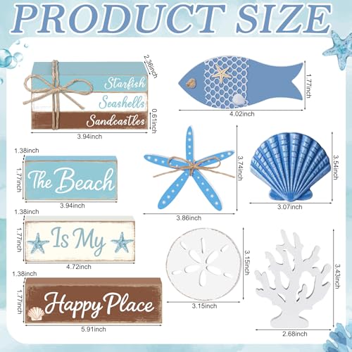 11 Pcs Beach Table Decorations Set Ocean Tiered Tray Decor Summer Wood Block Sign Gift the Beach Is My Happy Place Starfish Seashell Coastal Centerpiece Summer Party Supplies Shelf - style: Beach