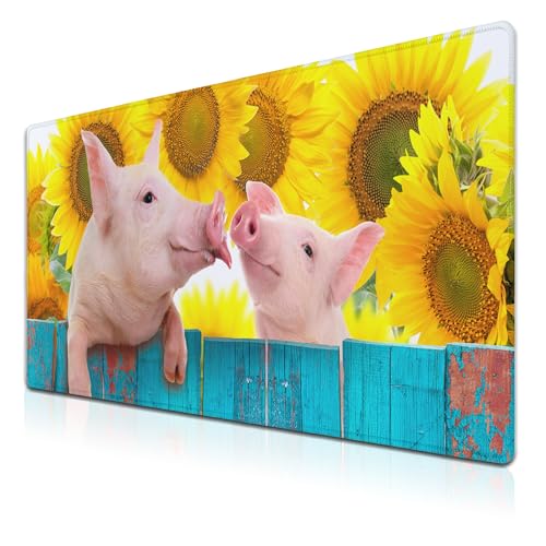 Keyboard Mat Yellow Blue Long Mouse Pad, Computer Mat Large Desk Pads, Big Desk Mat Non-Slip Rubber Base, 35.4 X 15.7 inch for Work/Game/Office/Home Funny Pig Hanging on A Fence. Studio Photo. - color: Funny Pig