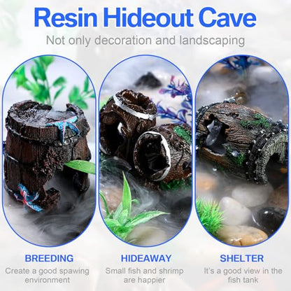 4 Pcs Fish Tank Decorations Broken Barrel Betta Hideout Cave Ornaments Aquarium Decorations Cave Large Fish Tank Ornaments for Small Shrimp Hide Pond(Classic)
