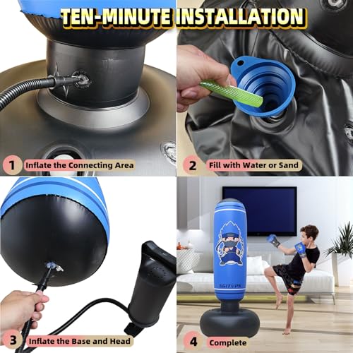 Inflatable Punching Bag Set, 66" Punching Bag for Boys & Girls Aged 8-12 with Kids Boxing Gloves, Super Air Pump | Suitable for Children's Daily Exercise, Happy Family Time - color: Vivid Blue
