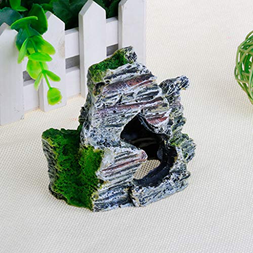 Aquarium Rock Cave, Large Resin Cave Decoration for Fish Tank, Mountain View Artificial Rock with Moss and Trees for Betta Cichlid Fish Shrimp to Hide Rest Breed, Decor