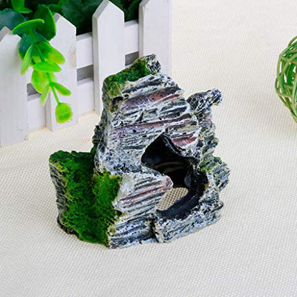 Aquarium Rock Cave, Large Resin Cave Decoration for Fish Tank, Mountain View Artificial Rock with Moss and Trees for Betta Cichlid Fish Shrimp to Hide Rest Breed, Decor