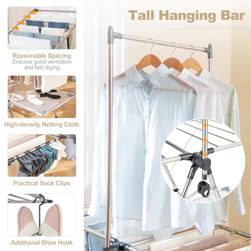 Tangkula Freestanding Foldable Clothes Drying Rack | Tall Hanging Bar & Height Adjustable Gullwing | Stainless Steel | No Assembly |Space-Saving | for Laundry Room Balcony Patio - size: 54" x 25" x 72"