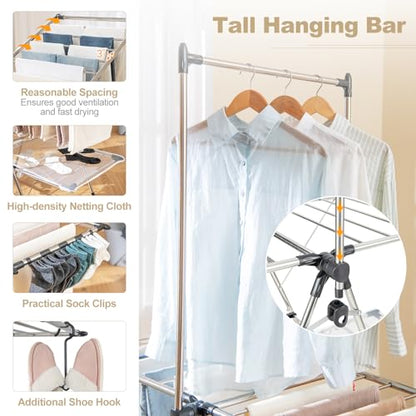 Tangkula Freestanding Foldable Clothes Drying Rack | Tall Hanging Bar & Height Adjustable Gullwing | Stainless Steel | No Assembly |Space-Saving | for Laundry Room Balcony Patio - size: 54" x 25" x 72"